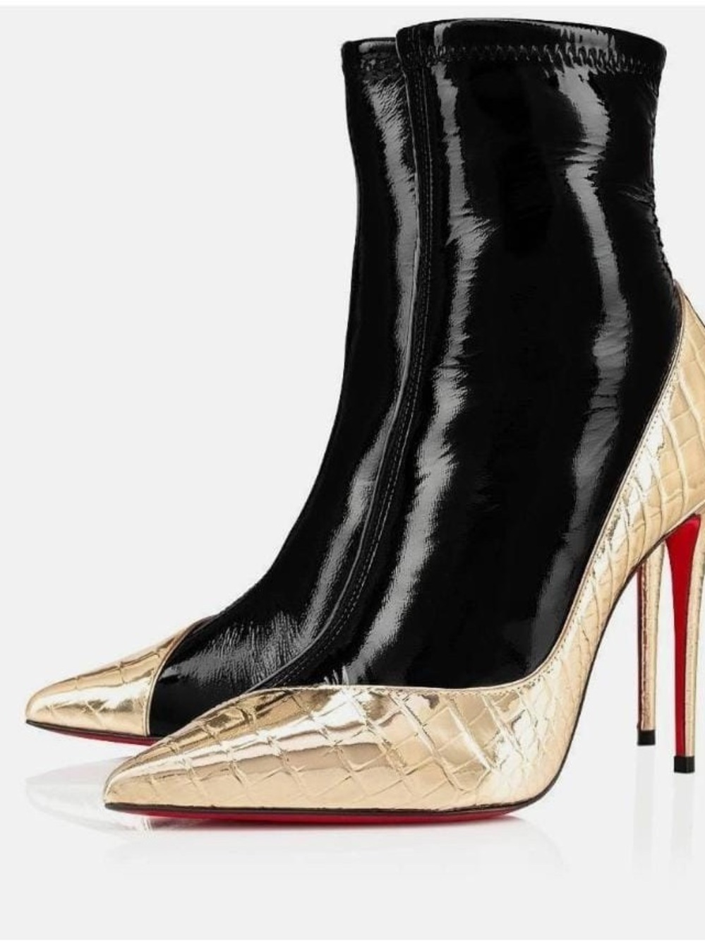 Christian Louboutin Black Patent and Metallic Gold Pointed Stiletto Ankle Boots